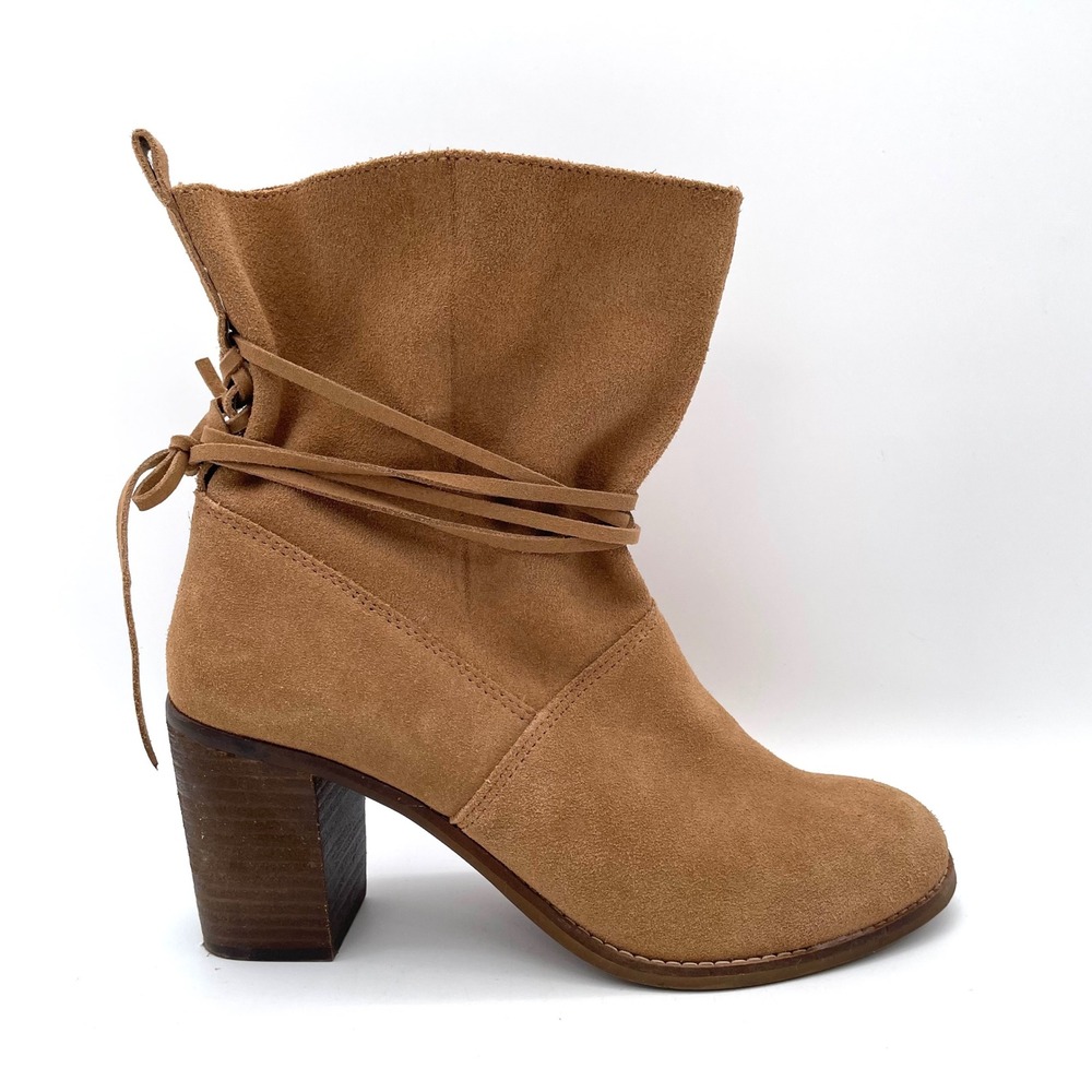 TOMS Ankle Boots Suede Women 10 Tan Excellent Slouchy Lace Back Block Heel
